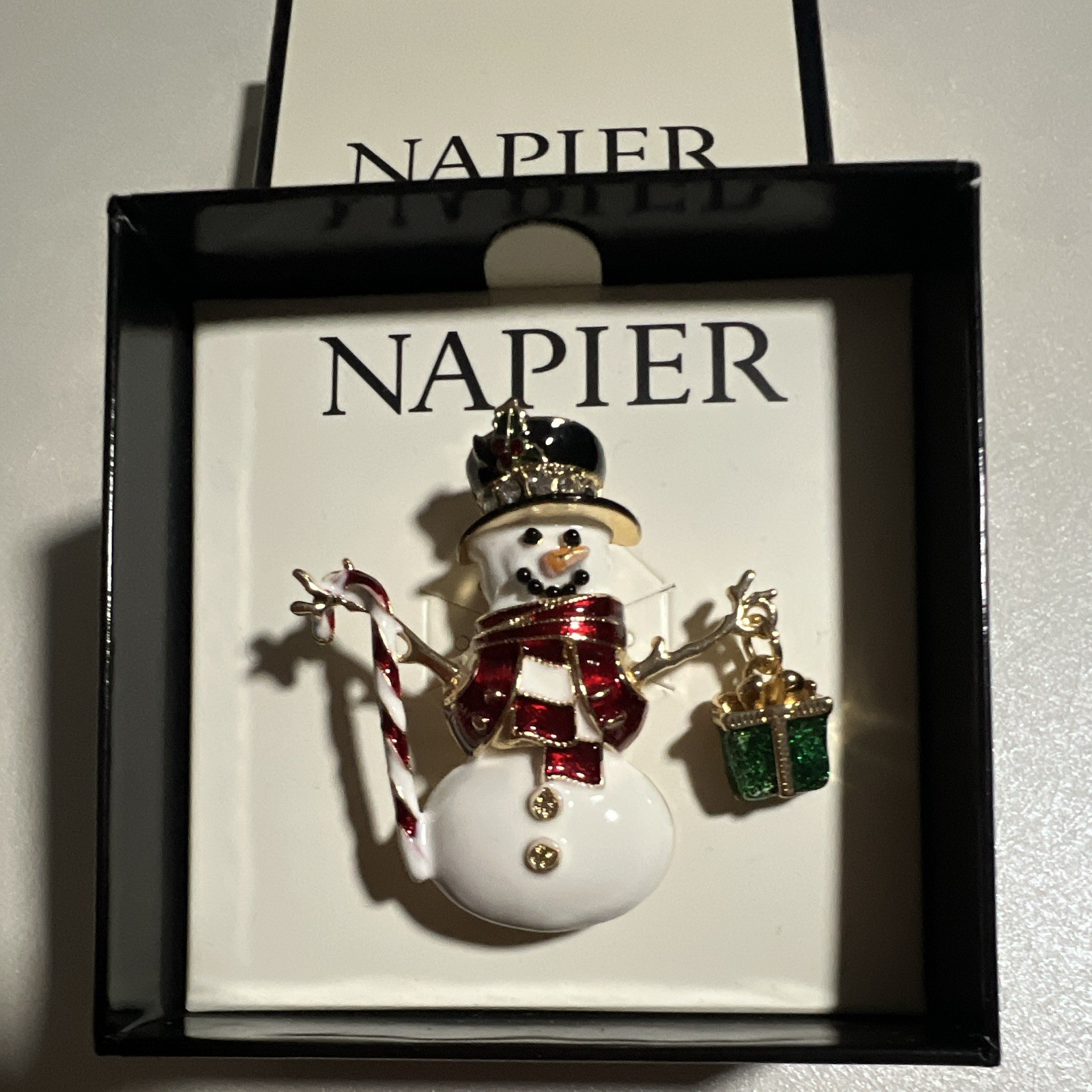 Napier Snowman Christmas Enamel Rhinestone Brooch Pin, White Gold Red Green