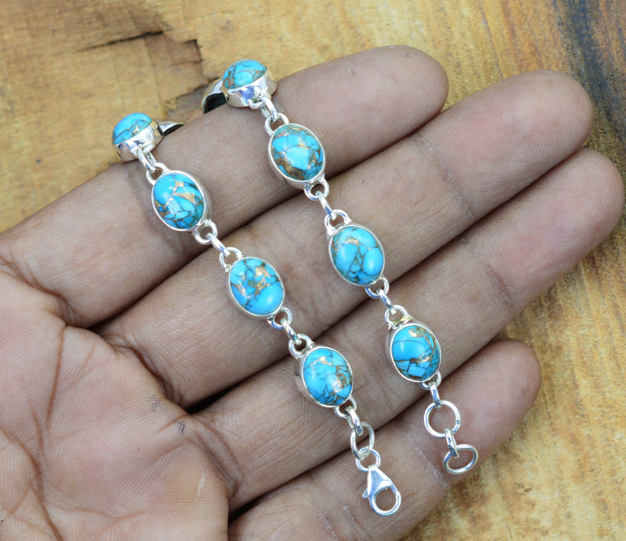 Blue Copper Turquoise Bracelet 925 Sterling Silver Handmade Boho Jewelry SR1168