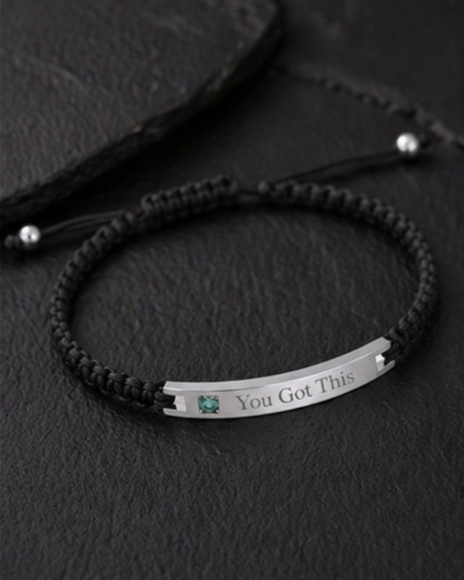 Personalized Gemstone Bar Bracelet Custom Engraved Braided Cord Rose Gold Silver