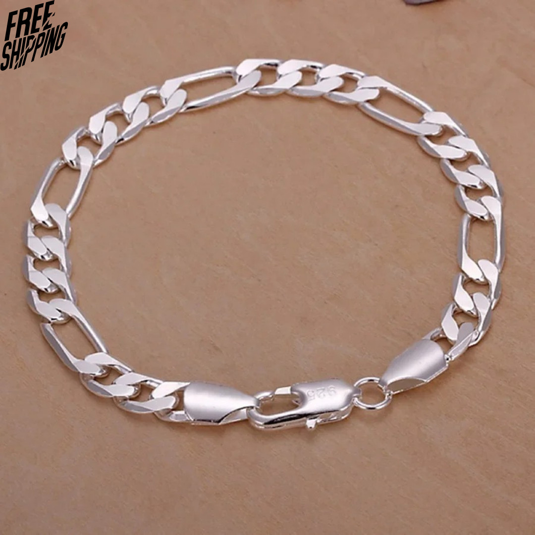 8mm 925 Sterling Silver Figaro Bracelet – Chain for Men & Women, 20 cm Jewelry