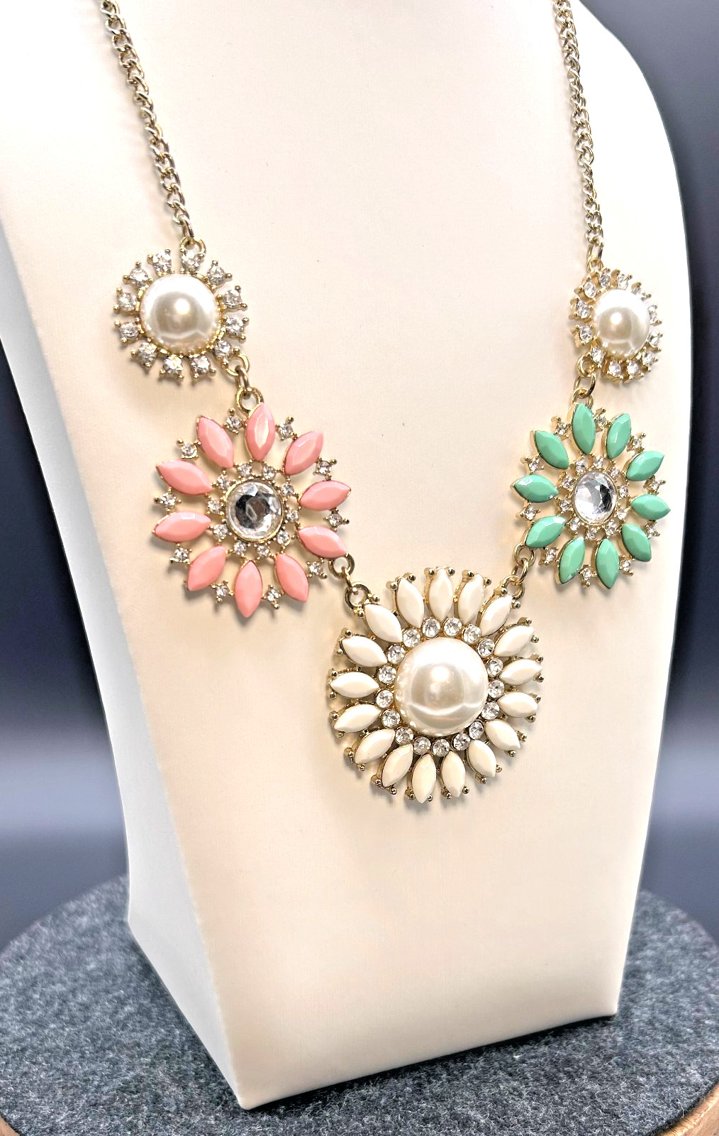Bold Floral Bib Statement Necklace Pink Mint White Cream Pearl Rhinestones