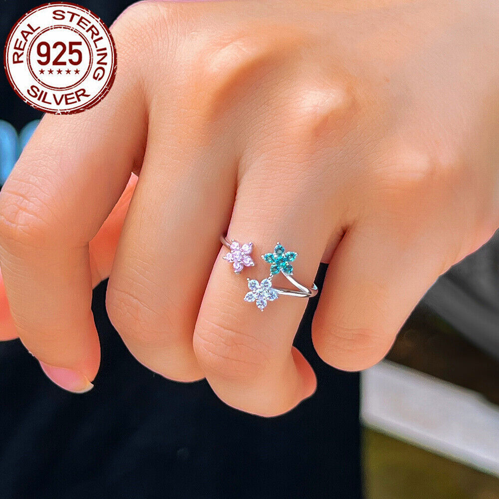 Flower Open Cuff Ring Adjustable Cubic Zircon Polished 925 Sterling Silver Gift