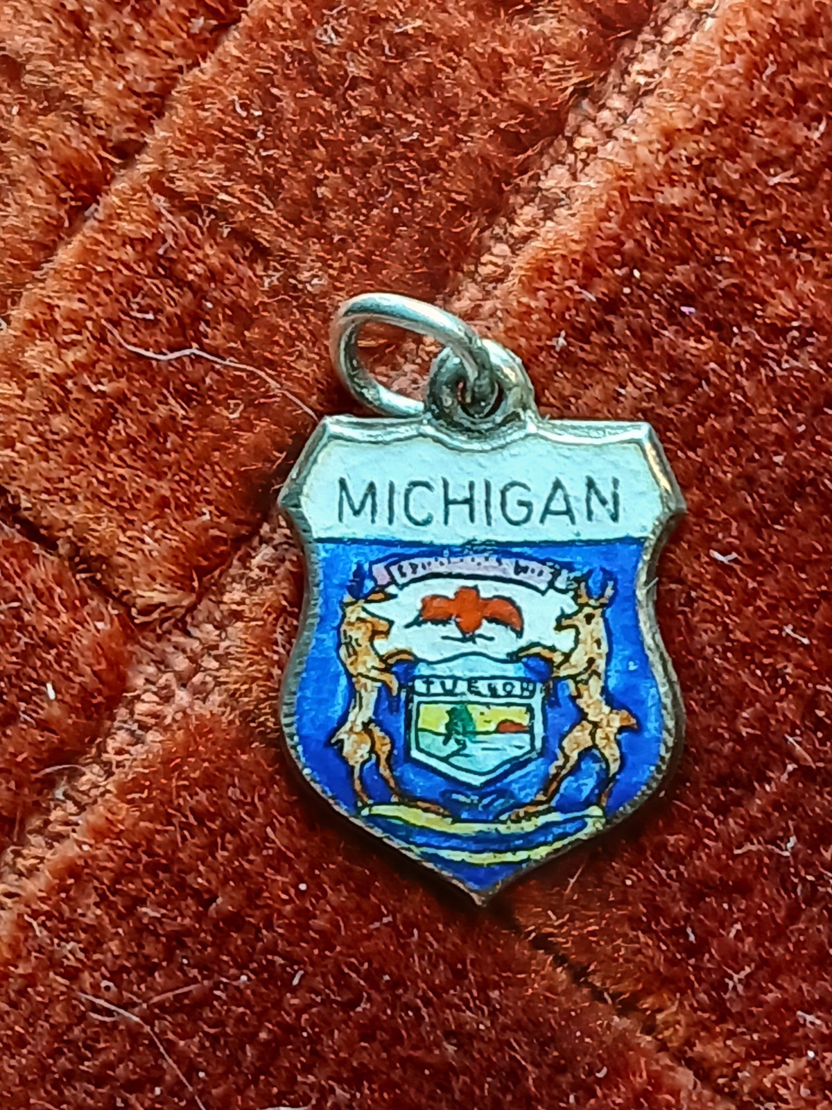 Vintage 1920s Sterling Silver Enamel Heraldic Crest MICHIGAN SHIELD Dangle Charm