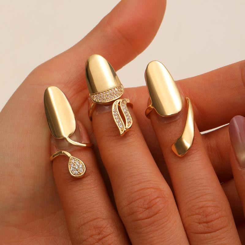 3PCS Detachable Zircon Nail Rings Gold Silver Reusable Nail Cover Finger Jewelry