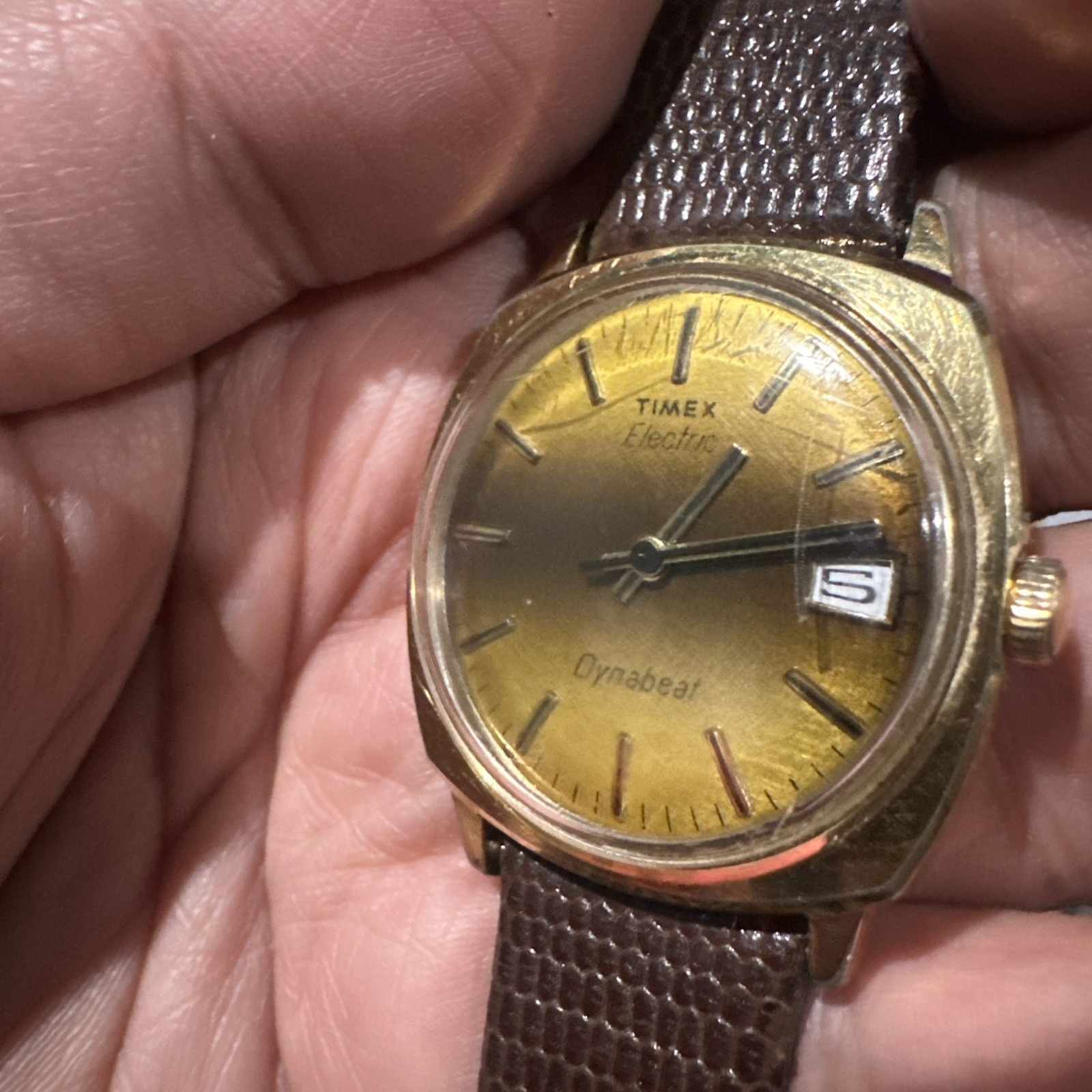 Works VTG Timex Electric Dynabeat Sunburst Mens Watch Gold Stuller Strap 34mm 7”