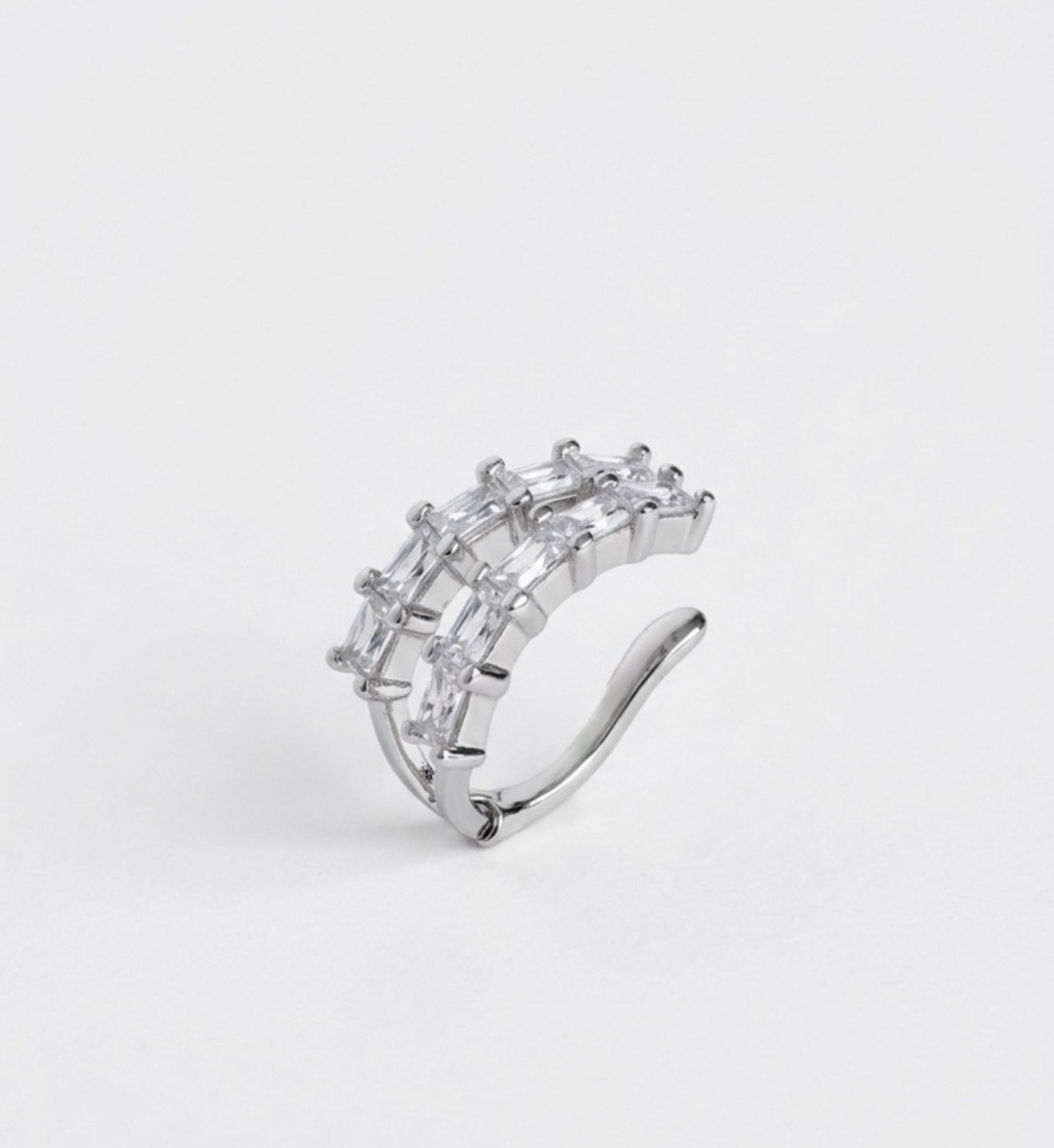 Platinum Plated Baguette Cut Zirconia Double Row Ear Cuff | No Piercing