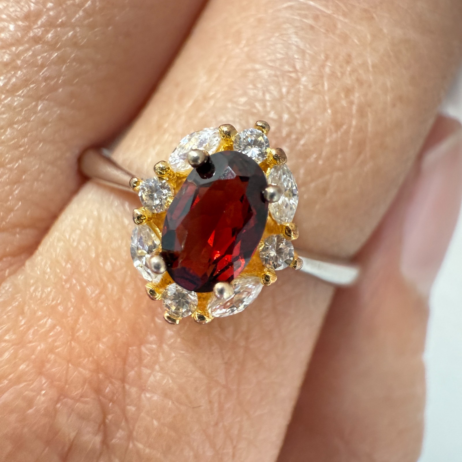 925 Sterling Silver Ring 6x4mm Natural Rhodolite Garnet Gemstone Zircon Red Gift