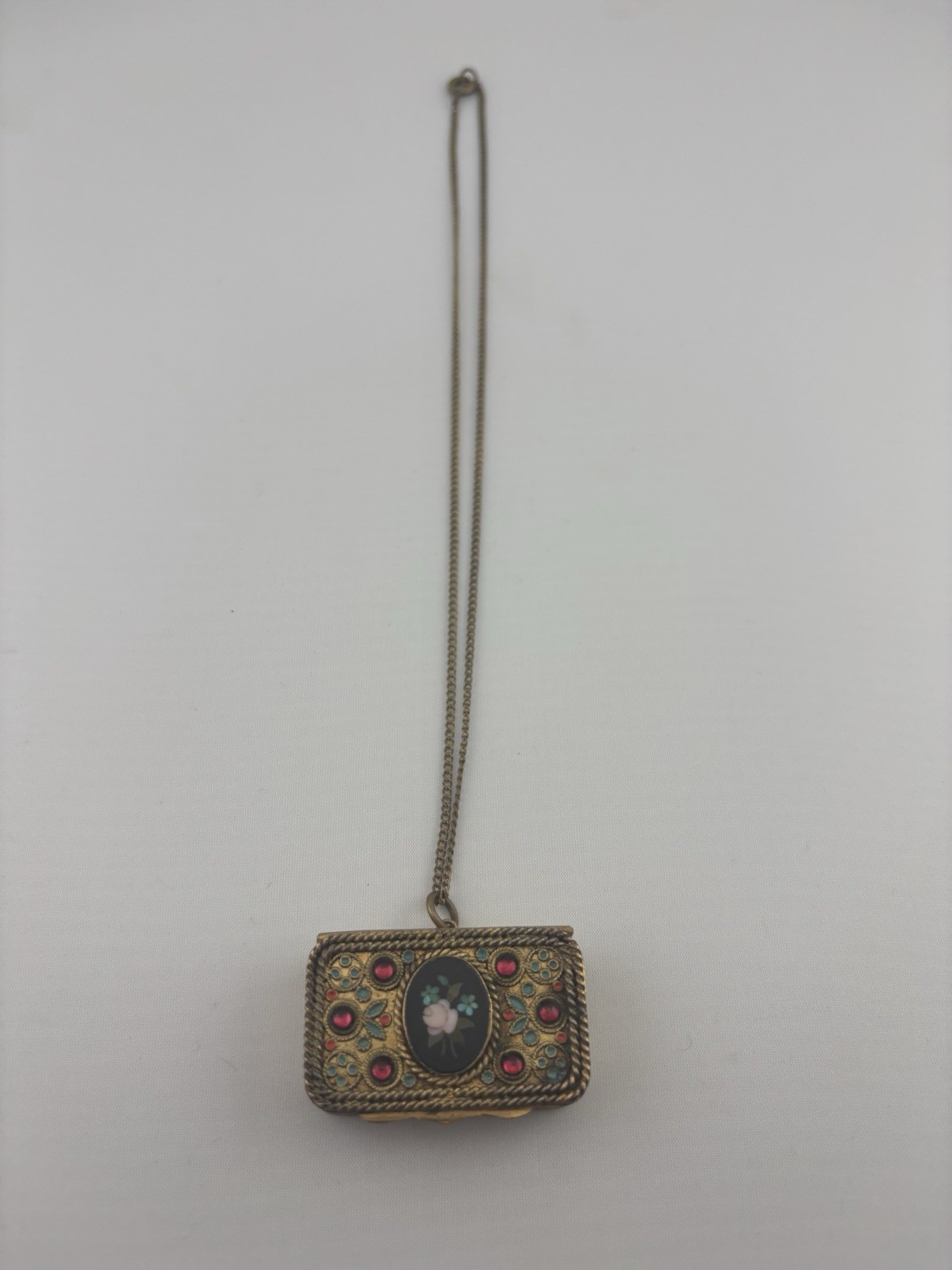 Antique 1900s Victorian Bronze Czech Glass Brass Compact Box Pendant With Chain