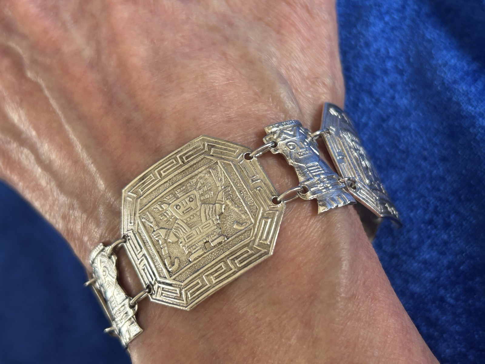 Vintage Estate Sterling Silver Inca Guardians Panel Bracelet Handmade Peru Old