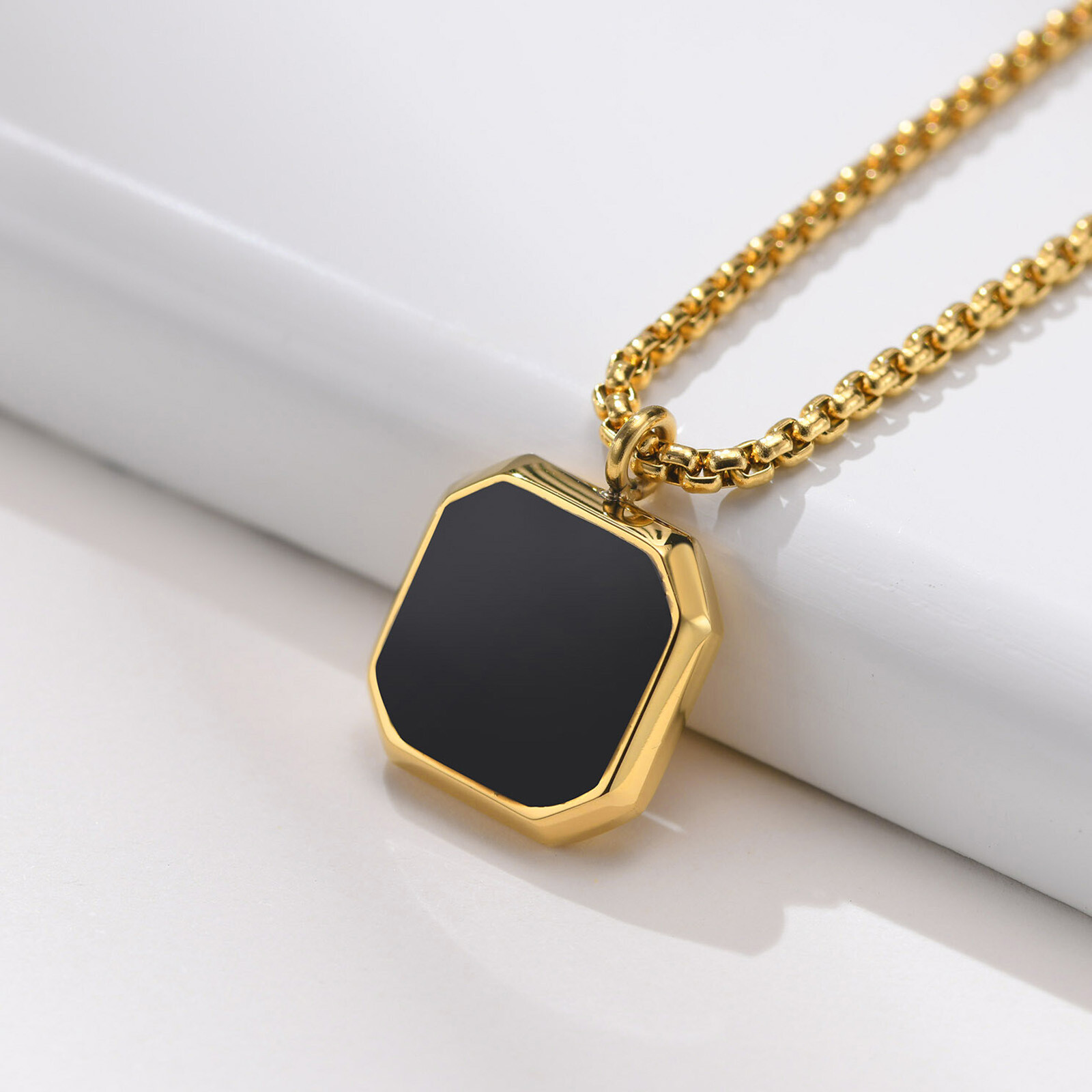White Shell Black Enamel Square Pendant Necklace Stainless Steel with 60cm Chain
