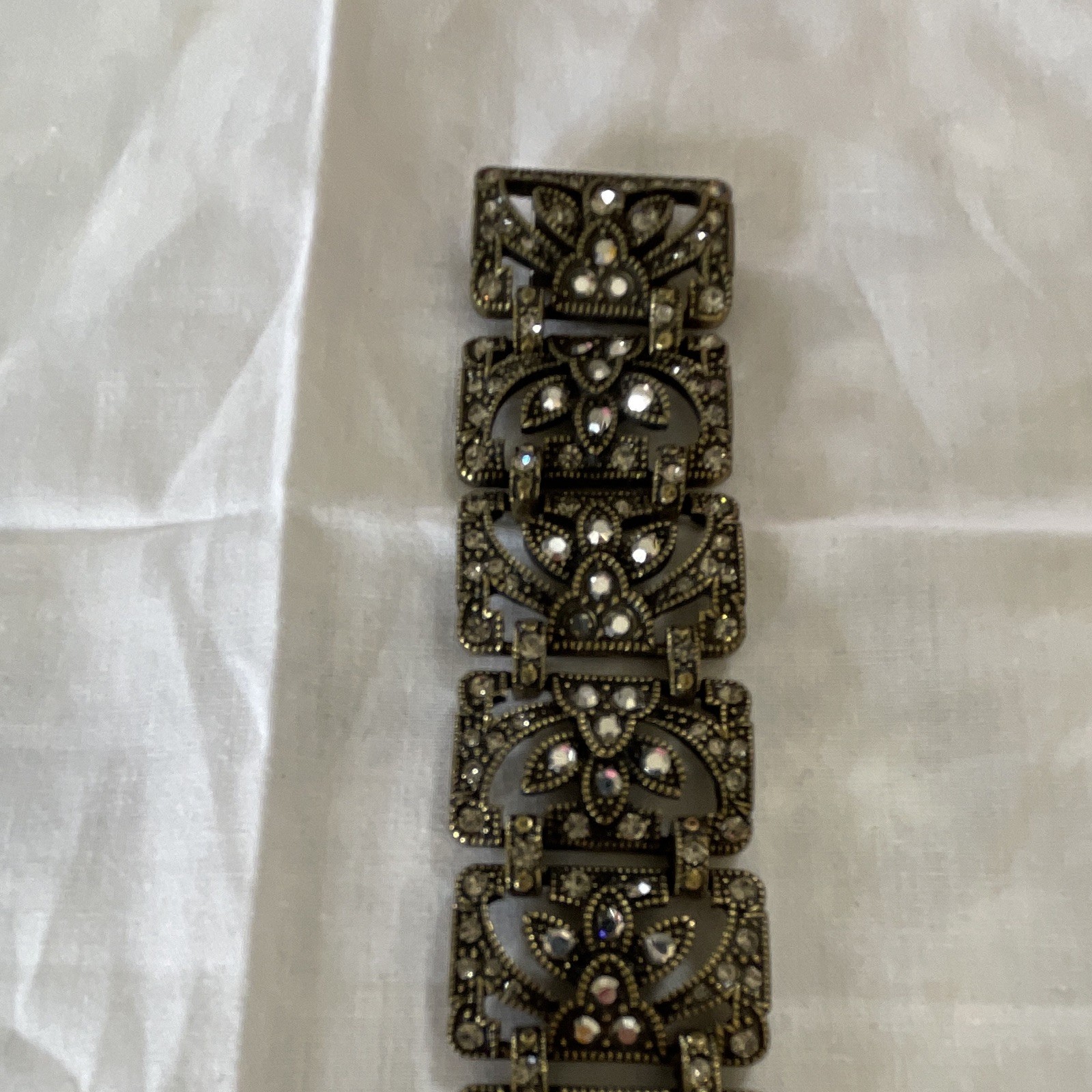 Gold Tone Clear Crystal Link Bracelet, Brass Base Metal, Box Clasp, 7 in