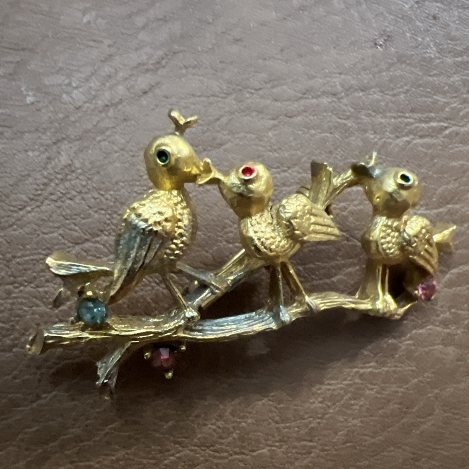 Vintage Gerry’s 3 Birds on Branch Rhinestone Brooch Pin Gold Tone