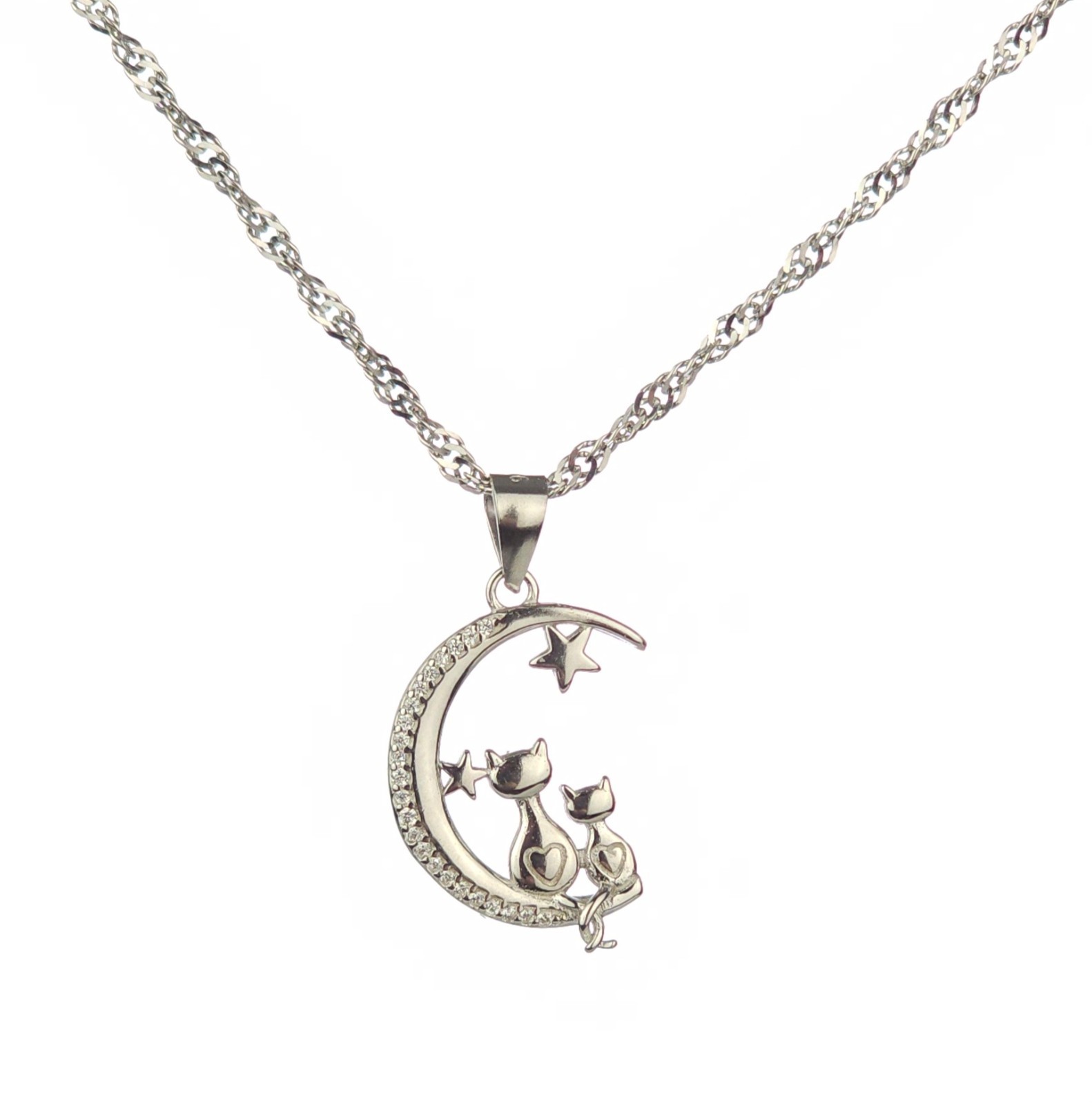 Solid 925 Silver Sparkly 2 Cats Crescent Moon Pendant With 20″ Italy Chain, Pave