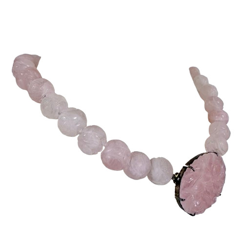 Vintage Carved Rose Quartz & Sterling Silver Statement Necklace