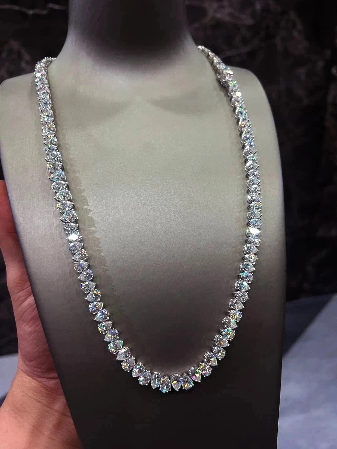 40TCW Pear Cut Lab Created Diamond Tennis Necklace 925 Sterling Silver 22in