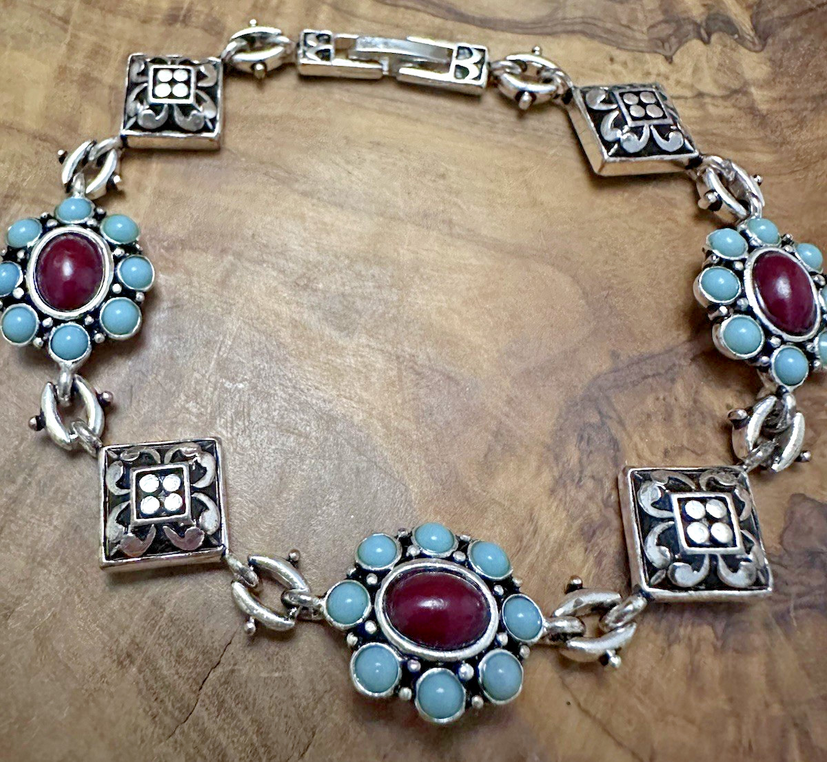 Silver Tone Turquoise & Red Floral Scroll Link Bracelet Western 7.5” Push Lock