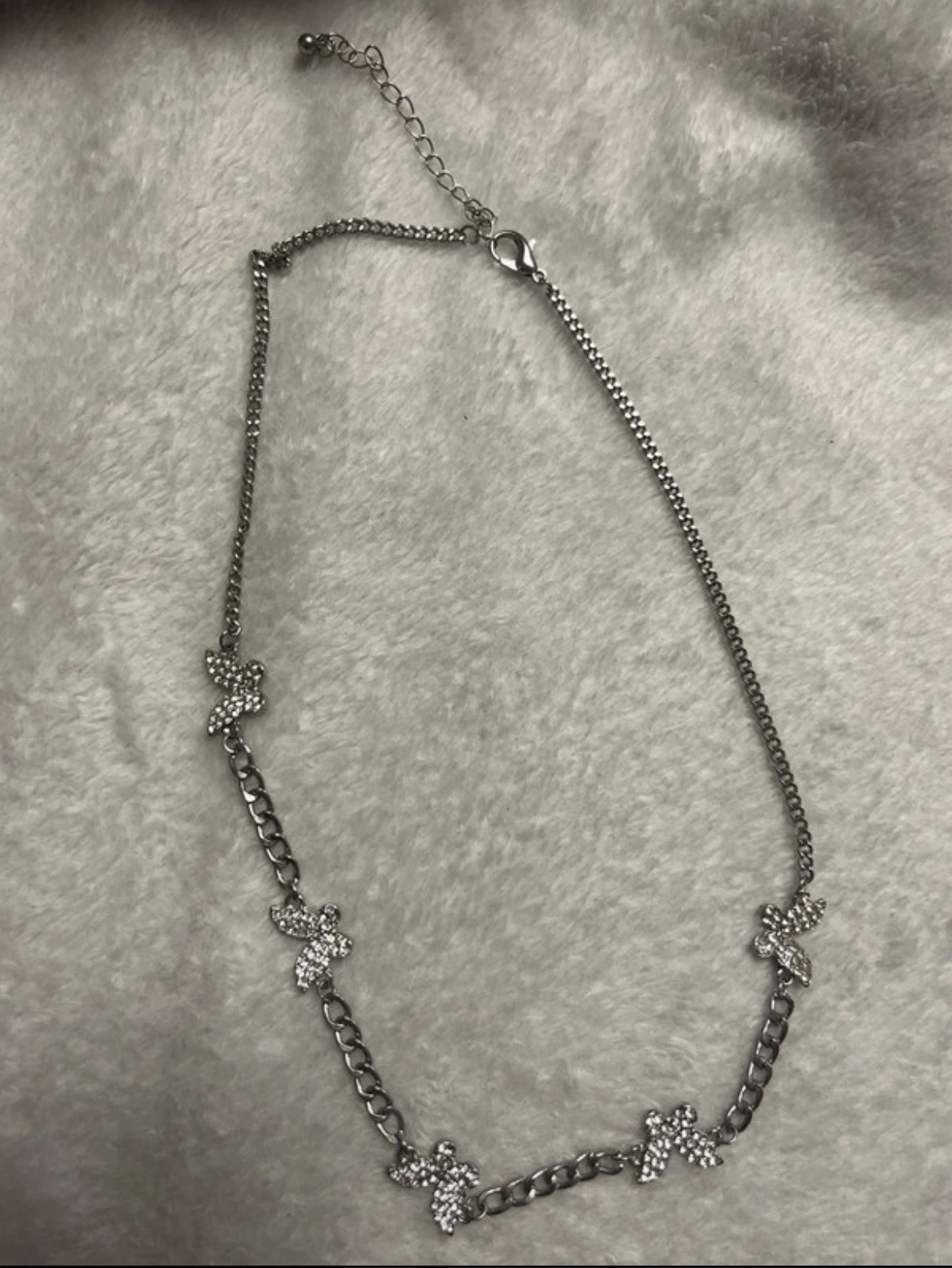 Silver Tone Box Chain Necklace Rhinestone Flower Stations Adjustable Lobster