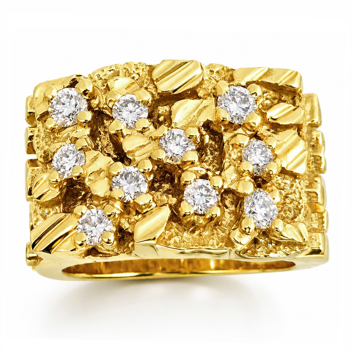 Real 14K Yellow Gold .70 Carat Wide Face Diamond Mens Nugget Ring Natural or Lab