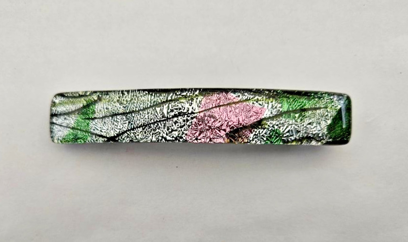 Fused Silver,Green,Black Handcrafted Dichroic Glass Genuine French Hair Barrette