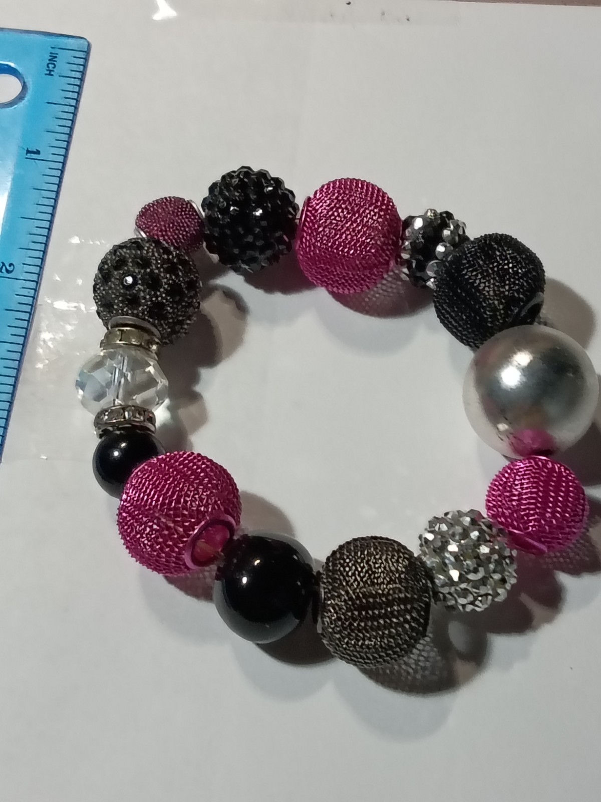 Pink Black Silver Tone Beaded Stretch Bracelet Clear Round Crystal Rhinestone