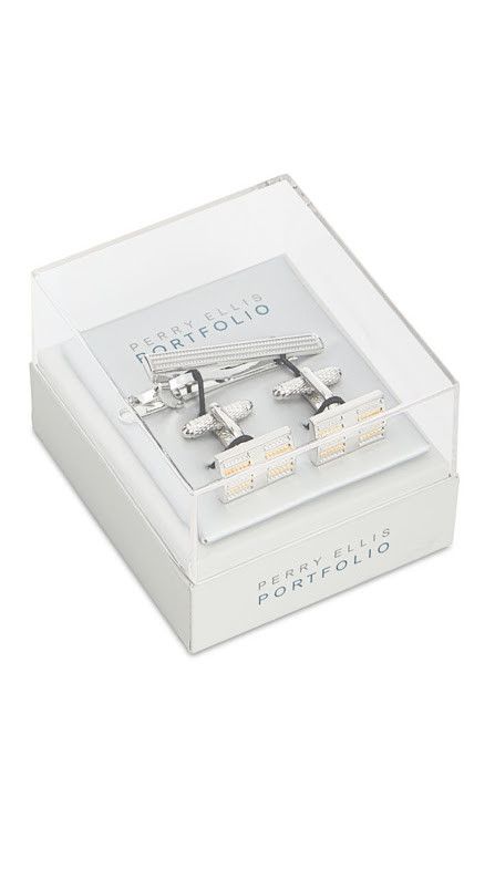 Perry Ellis Men’s Golden Beam Cuff Links & Tie Bar Set, Silver w/gold (orig $45)