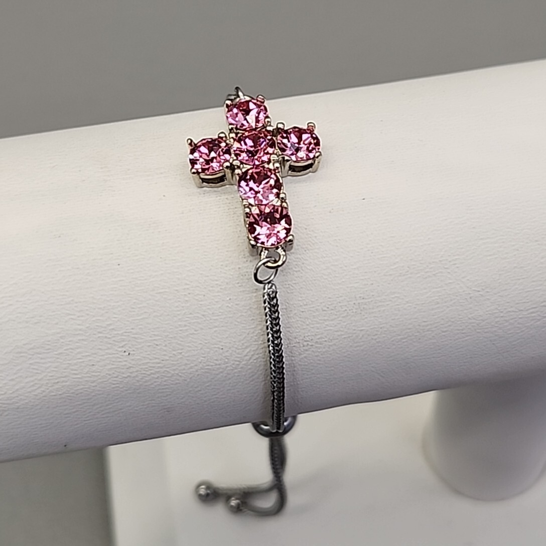 Cross Bracelet STS Karis Made with Swarovski Rose Crystals Pink Steel Mix