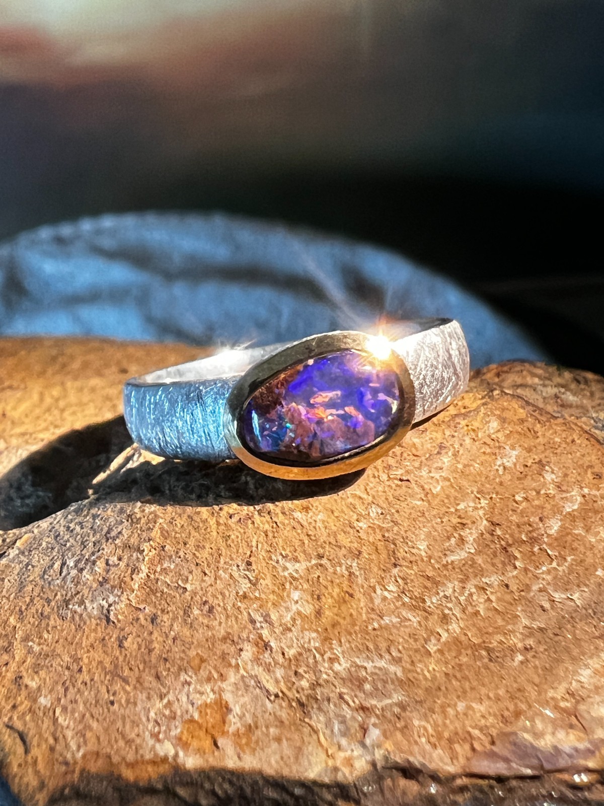 Blue Red Moon Opal 10mm x 7mm Ring in Sterling Silver with Gold Plated Setting