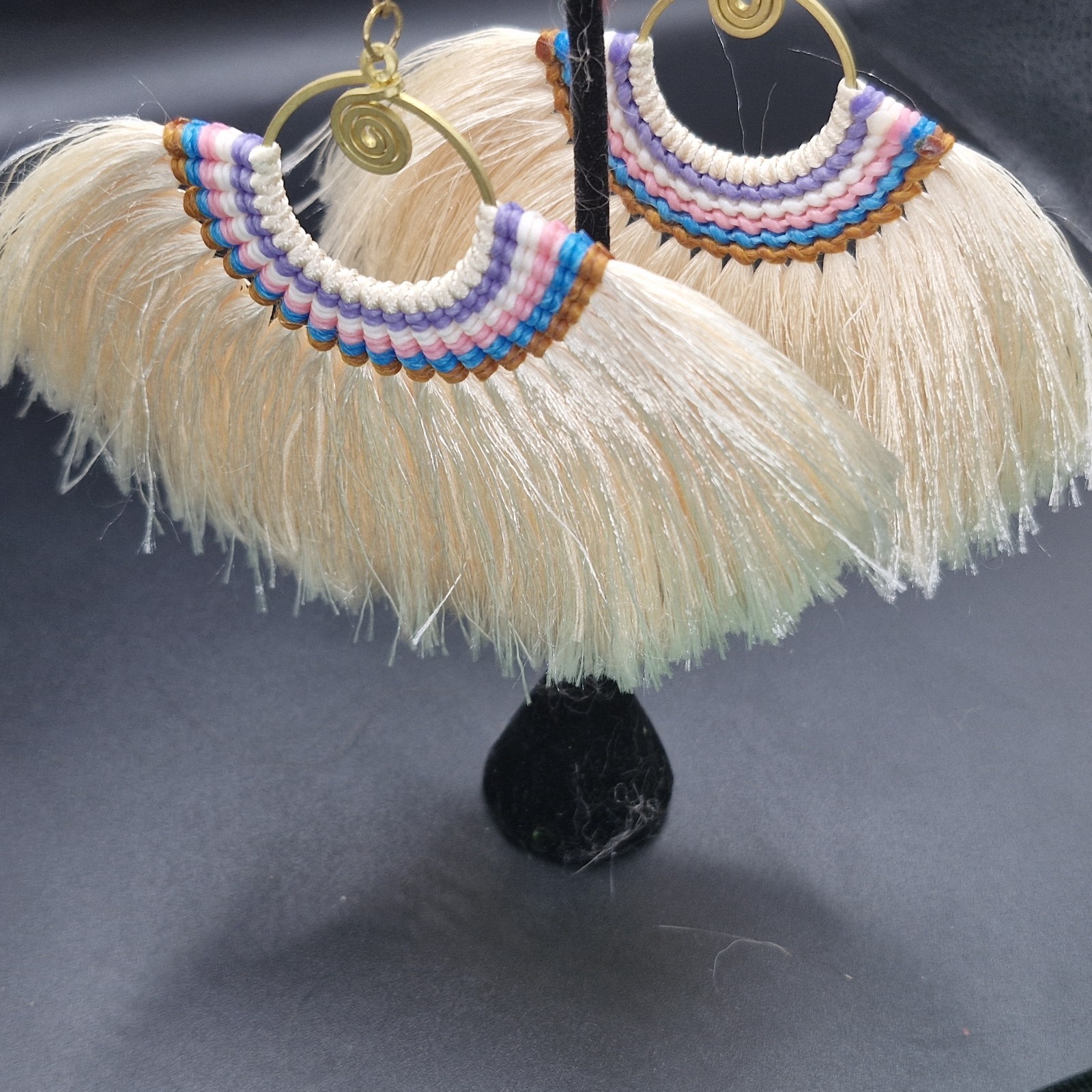 SW Style Large Runway Tassel Macrame Earrings Brass Blue, Orange, Tan 3.5 X 4.5″