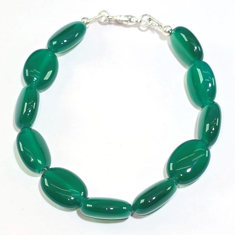 Natural AAA++ Green Onyx Smooth Oval Gemstone Beaded Bracelet 6-8” Men & Women