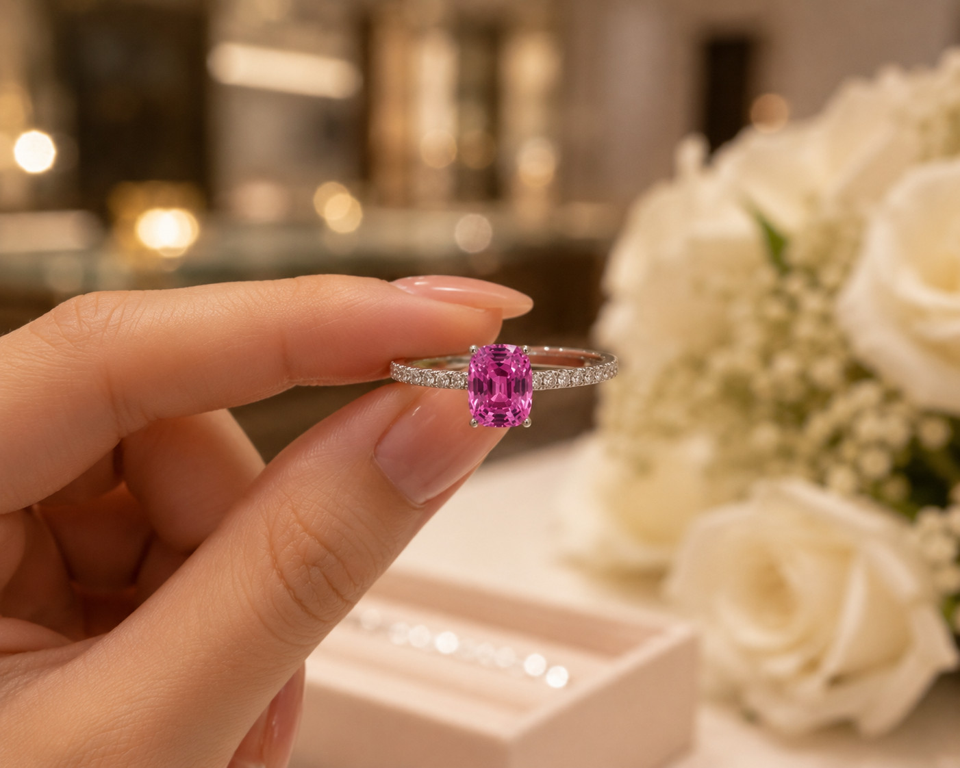 Natural Pink Sapphire & Diamond Wedding Gift Ring 14k White Gold (Import Free)
