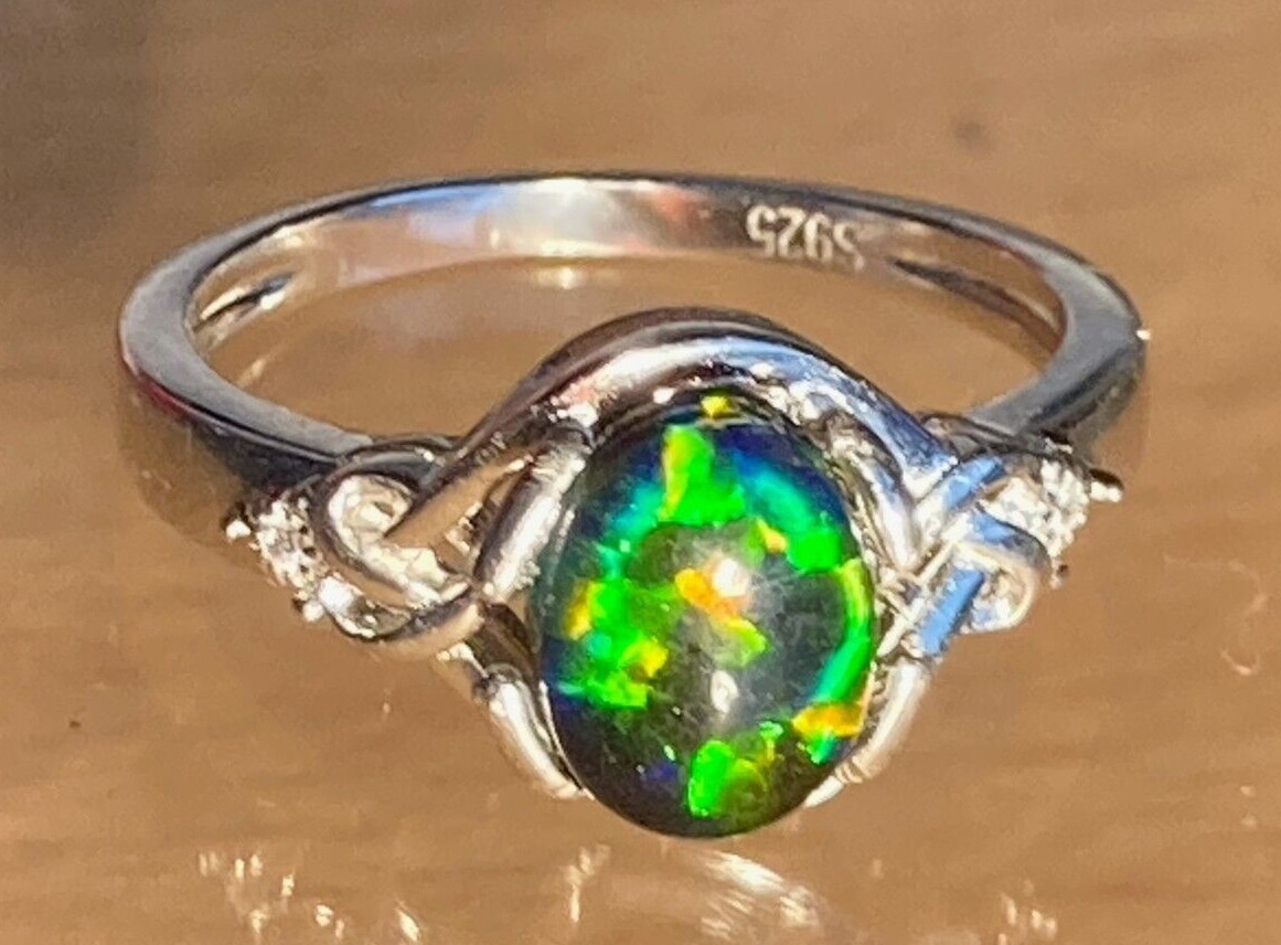 Opal Rings Emerald Green Multi-Coloured Created Opal Triplets – Sizes 6 to 11 US