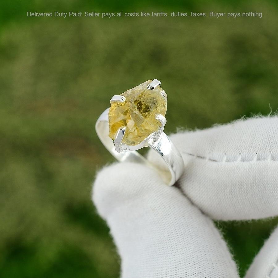 Pentagon Citrine Rough Stone Solitaire Wedding Ring Size 7.5 925 Sterling Silver