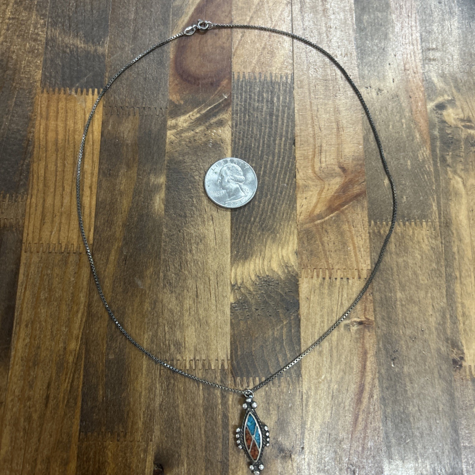 19” 925 Silver Box Chain Native American Turquoise/ Coral Inlay Pendant 7.83 G