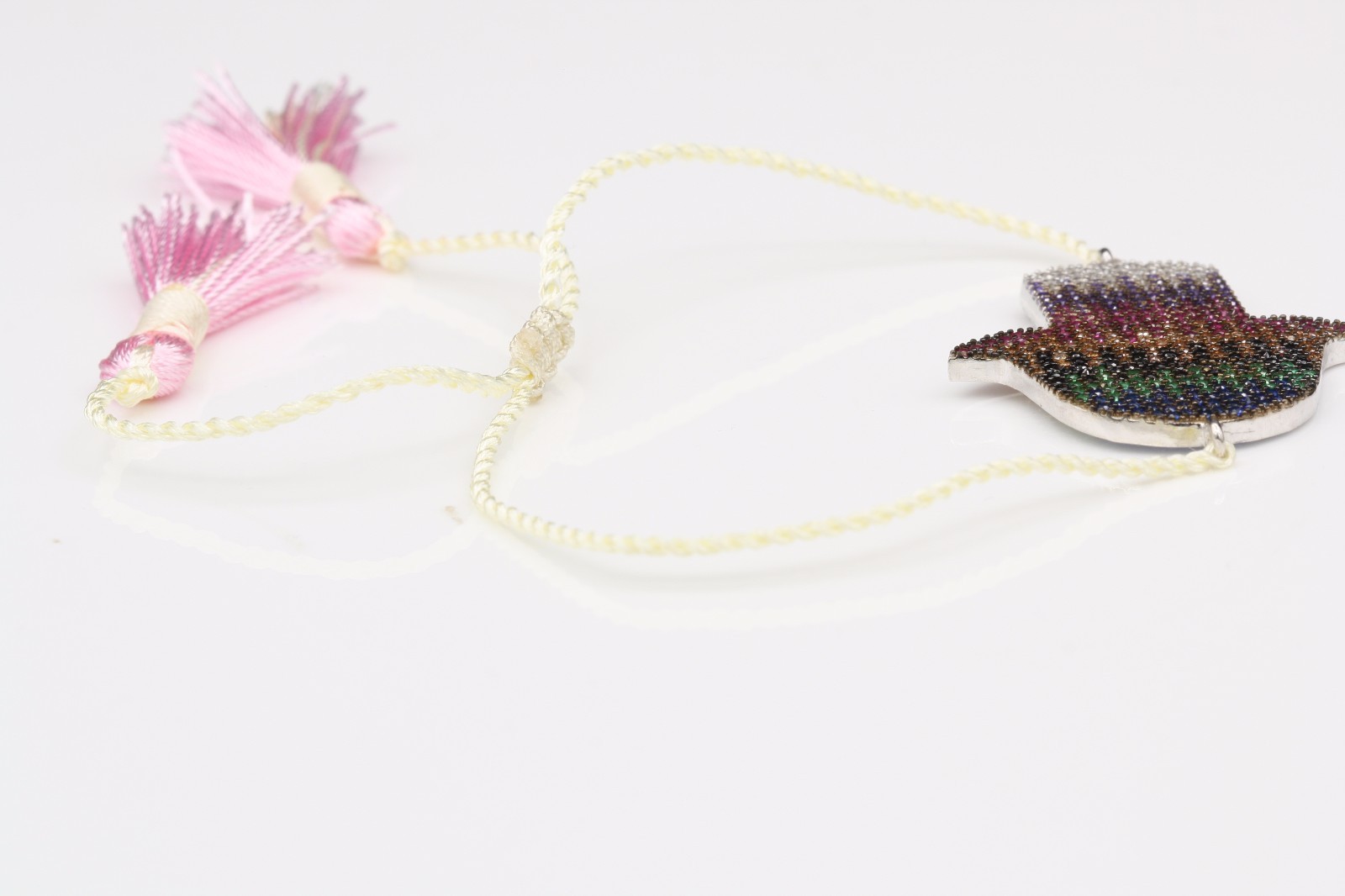 BRILLIANT EVIL EYE HAND BRACELET GOOD LUCK MULTI COLOR CZ ROPE TASSEL PINK