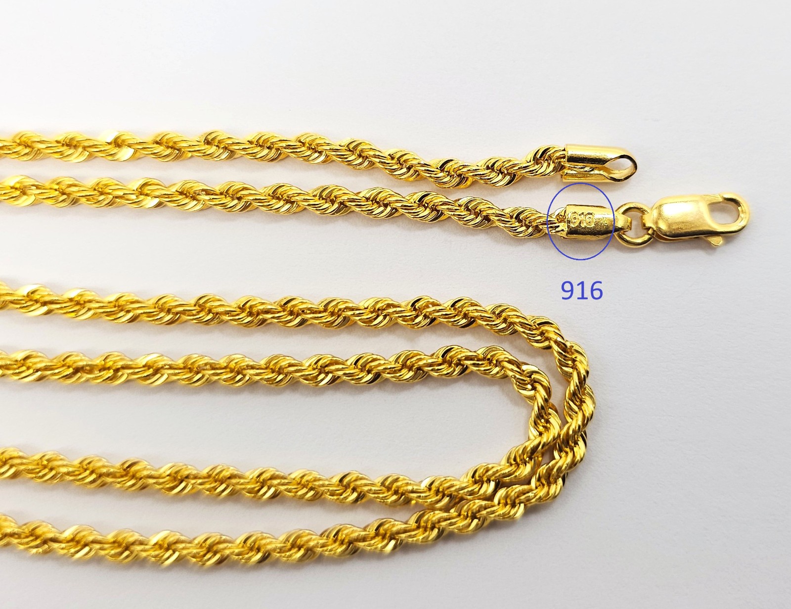 22K Gold Rope Chain Necklace 20.3 inch 2.8 mm Hollow Genuine Hallmarked 916