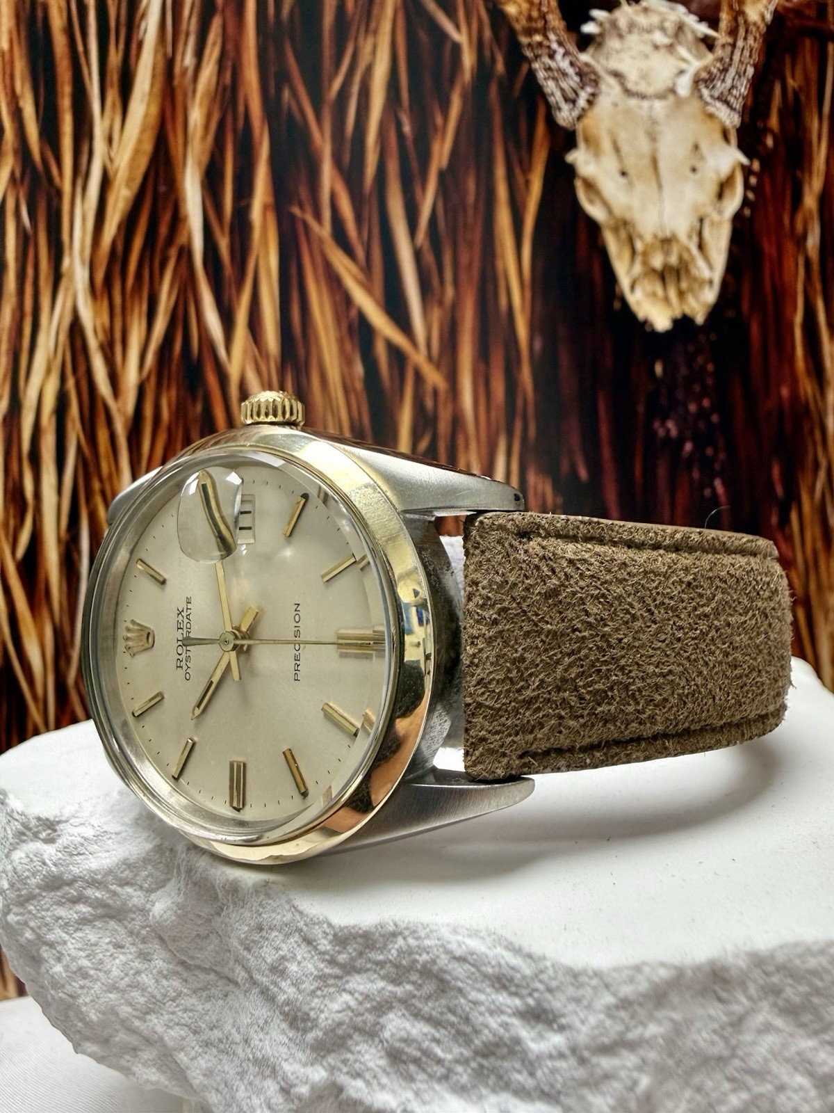 Mens Rolex Oysterdate Precision Stainless Steel Gold Silver Dial 34mm Watch 6694