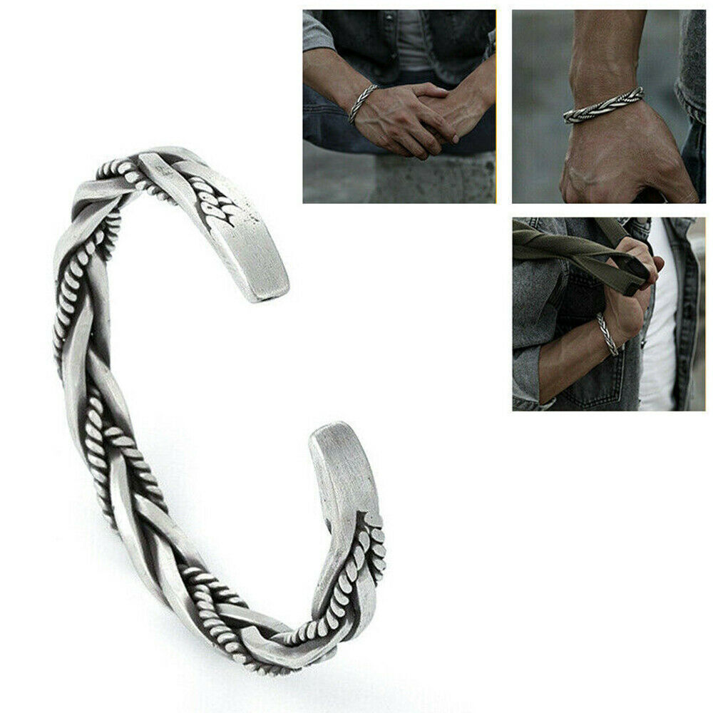 925 Sterling Silver Thai Handmade Vintage Open Bangle Twisted Cuff Men Bracelet