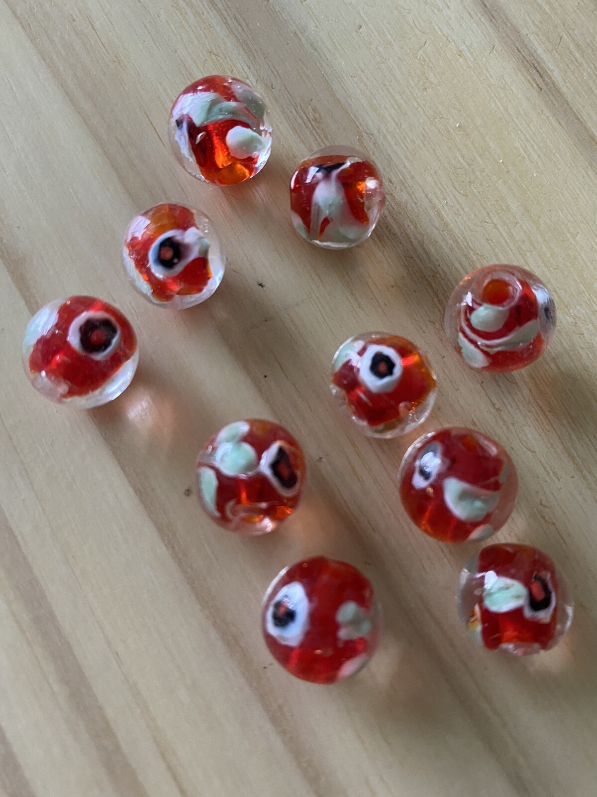 10 RED with GREEN BLACK FLOWER ROUND LAMPWORK Glass Beads 12mm Jewelry DIY
