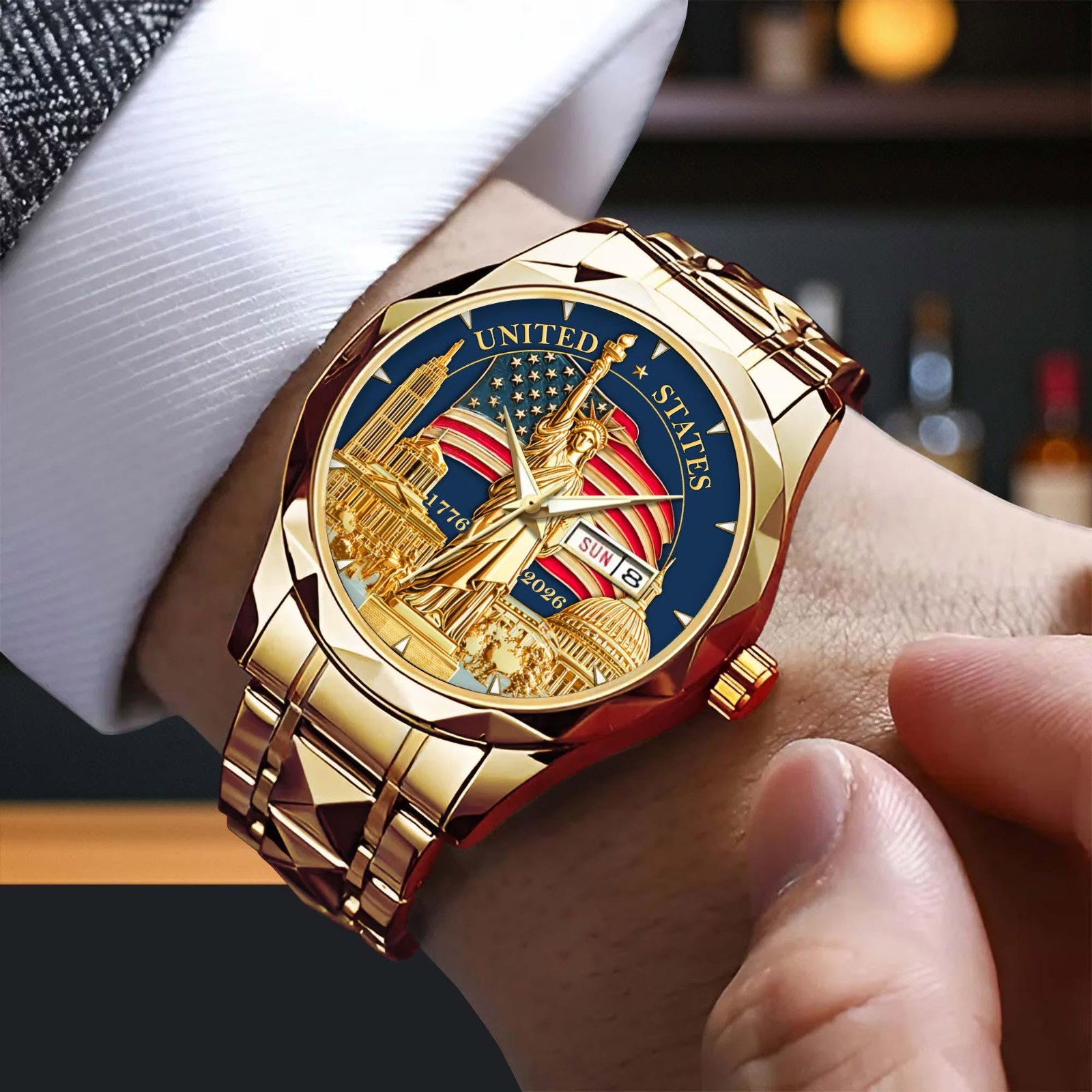 2026 USA 250th Anniversary Gold Watch Statue of Liberty American Flag Men’s Gift