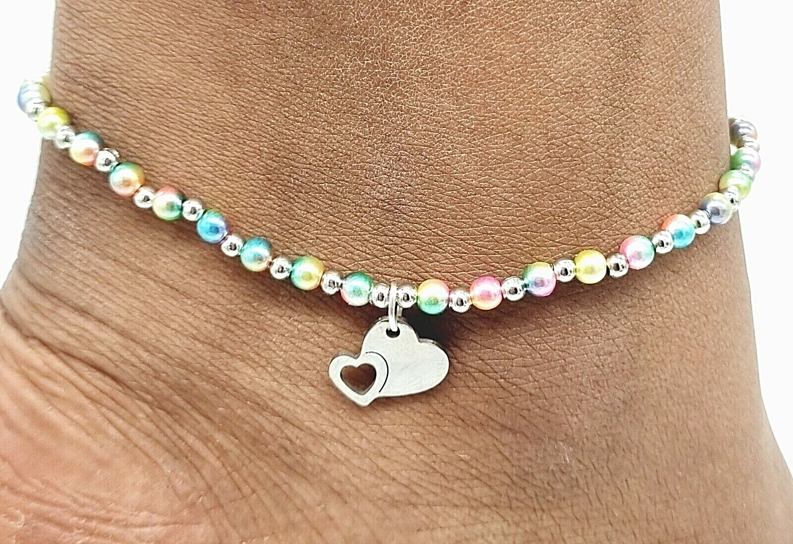 Glass Bead elastic ankle bracelet foot anklet with heart charm 25cm