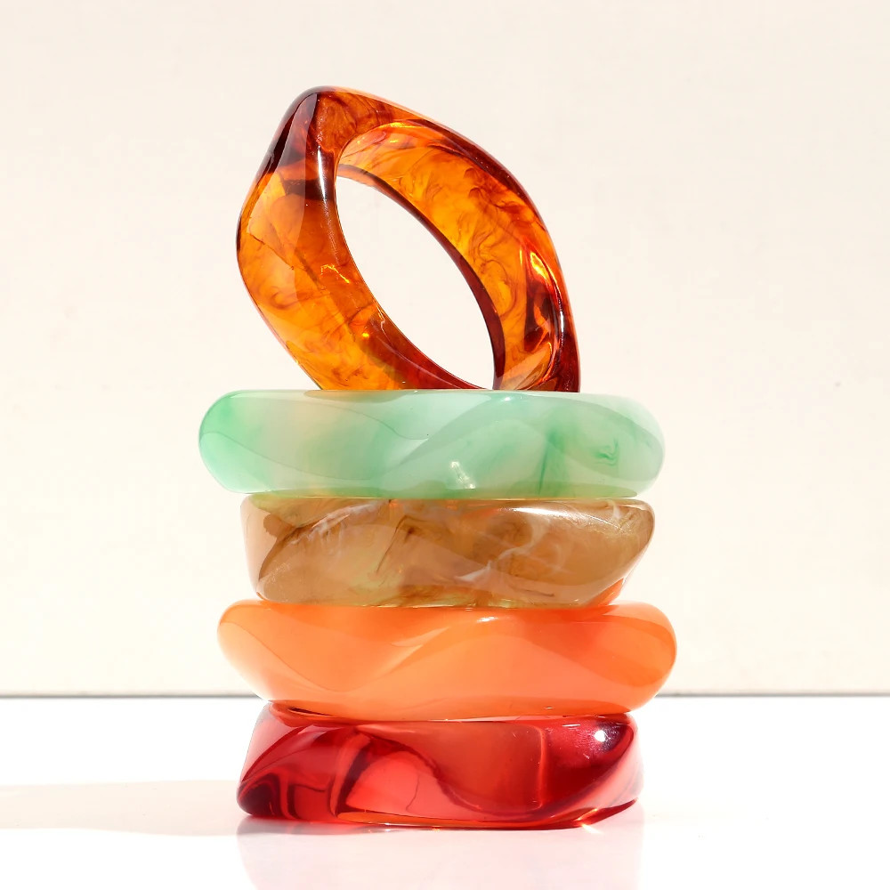 Acrylic Resin Chunky Bangle Women Fluorescent Color Round Wide Strand Jewelry