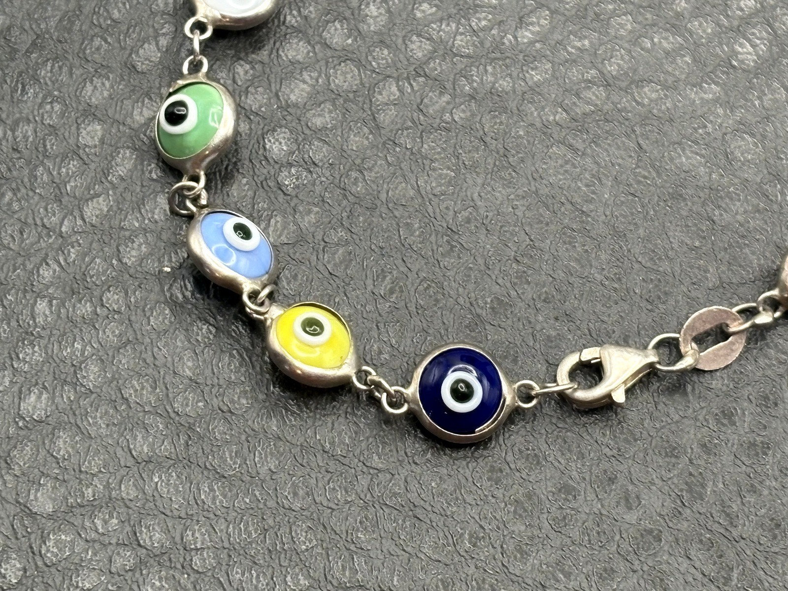 Vintage Sterling Silver 925 Multicolor Glass Evil Eye Link Bracelet 7.5″