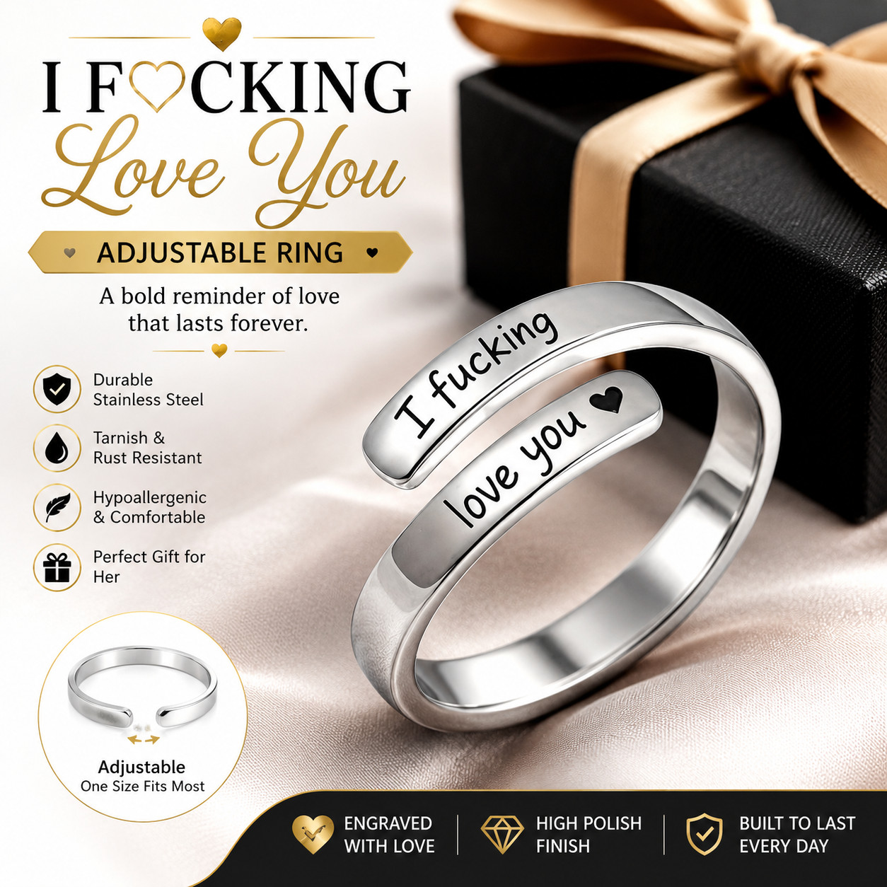 I F♡Cking Love You Ring for Women, Hope Rings Adjustable Stainless Steel Silver