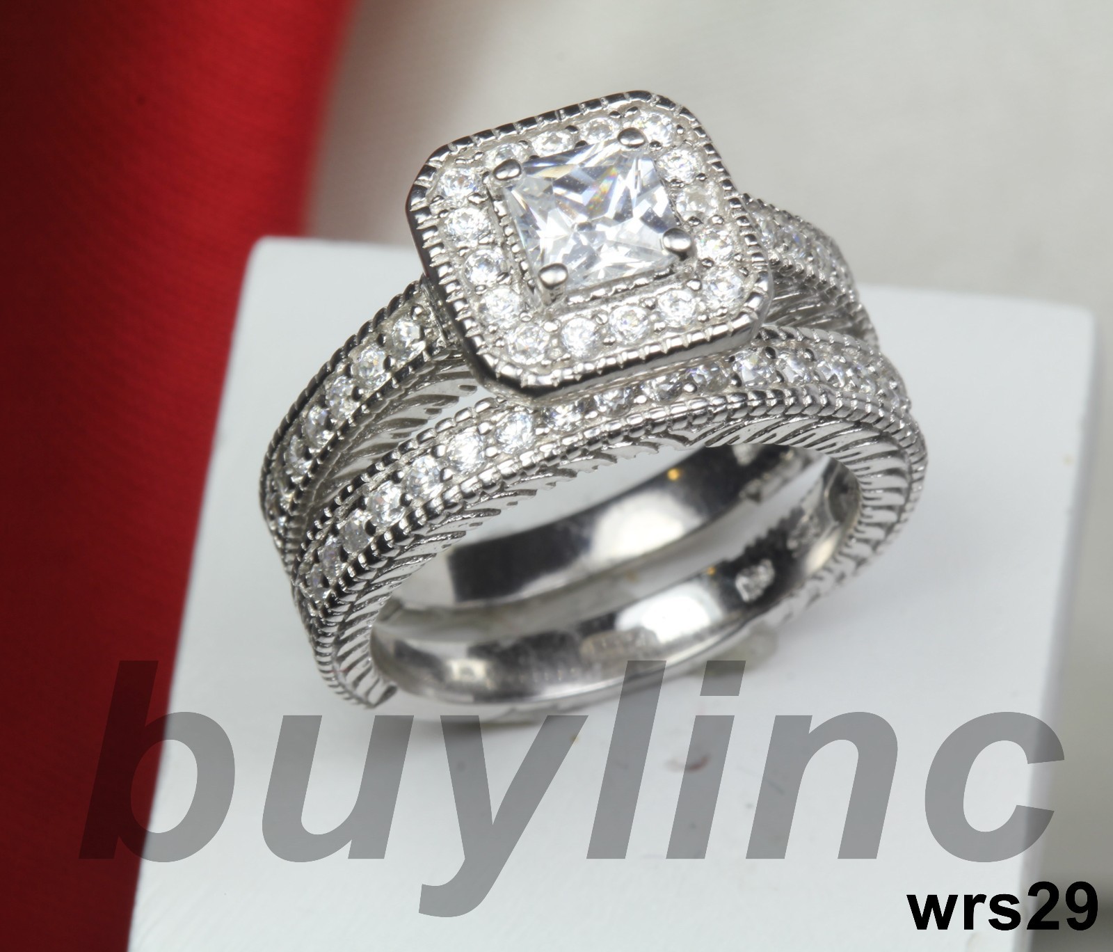2.3C PRINCESS CUT VNTG STERLING SILVER CZ ENGAGEMENT RING WEDDING RING SET SZ6+8
