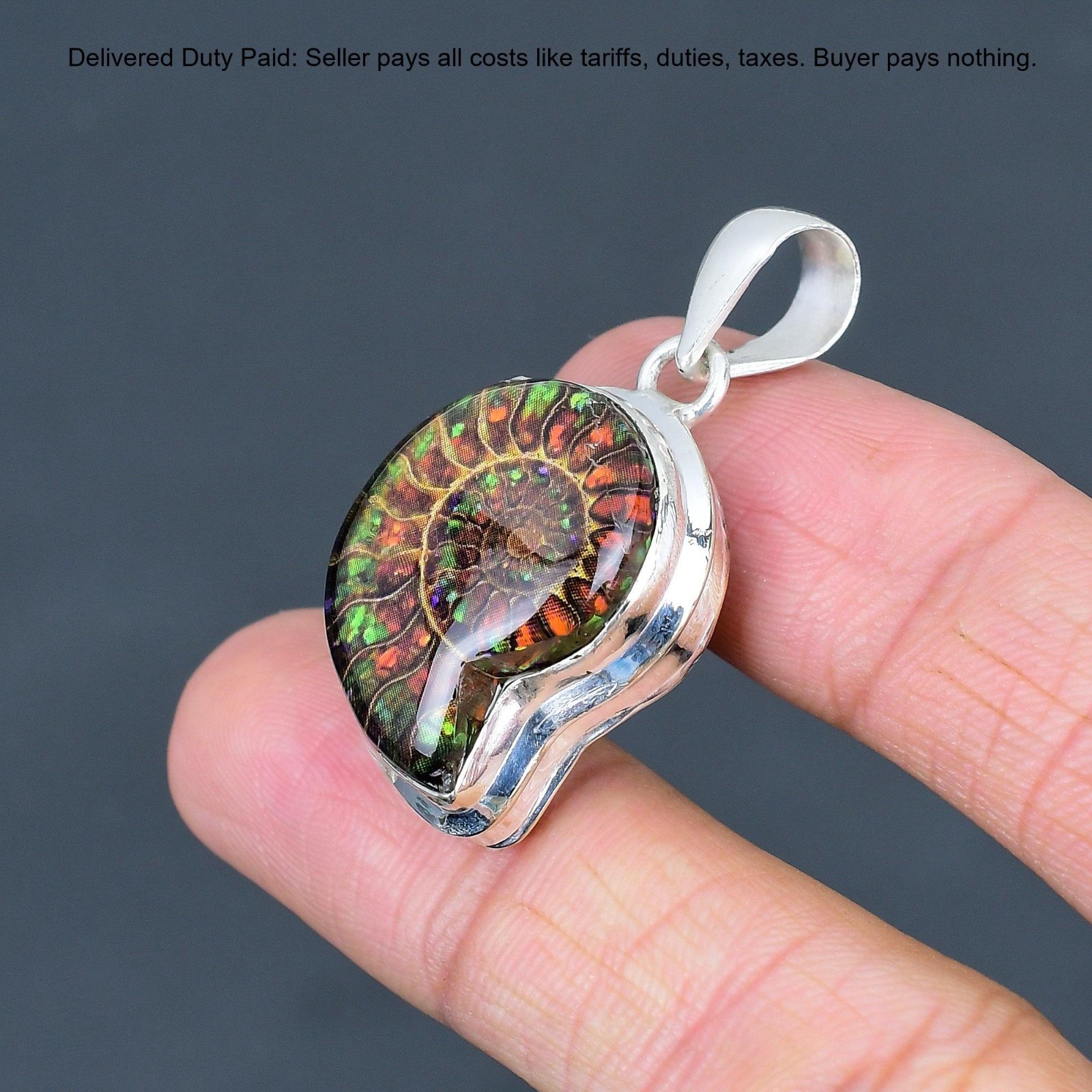 Valentines Sale Pear Ammonite Doublet Opal Stone Pendant Jewelry Sterling Silver