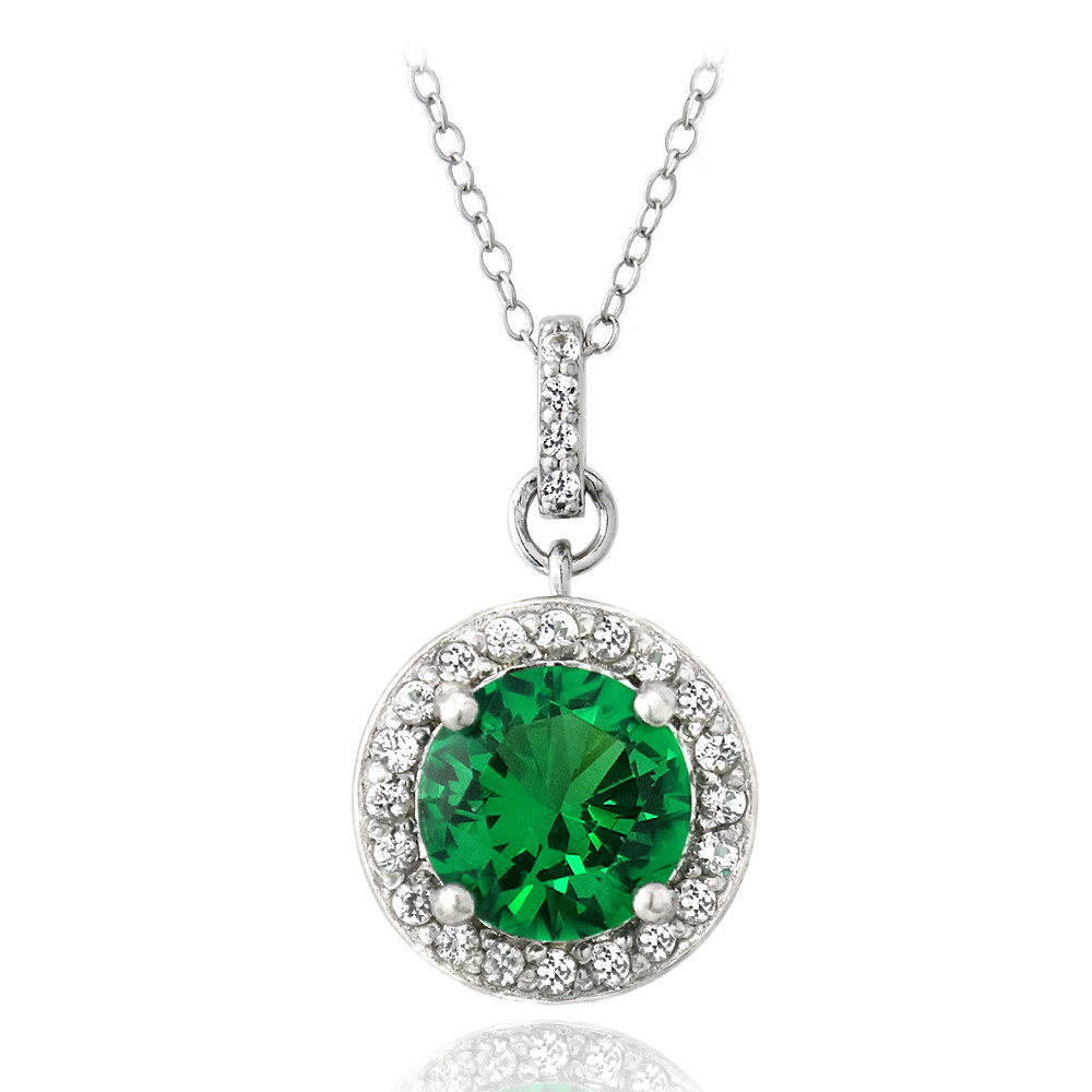 925 Silver 2.75ct Lab Created Green Quartz & White Sapphire Round Necklace, 18″