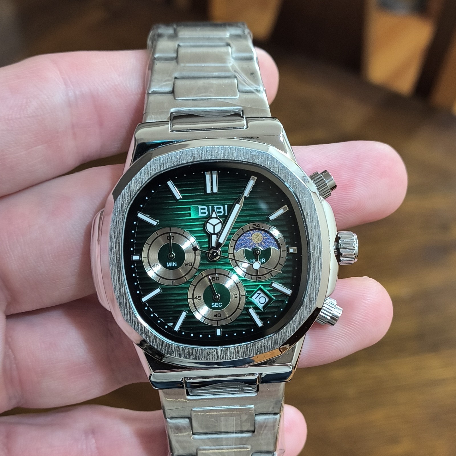 BIBI Chronograph Quartz Green Textured Dial Steel Bracelet Watch w/ Box Manual