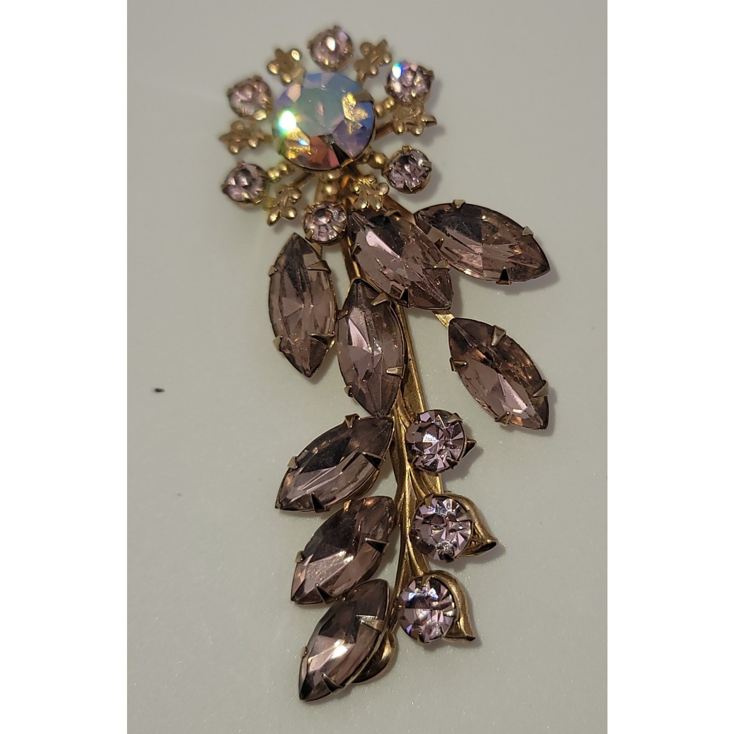 Vintage Lavender Rhinestone Floral Brooch Central Aurora Borealis Stone