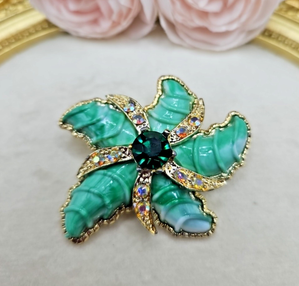 Vintage Lucite AB Rhinestone 50s 60s Brooch Blue Green Star Fish Brooch MCM
