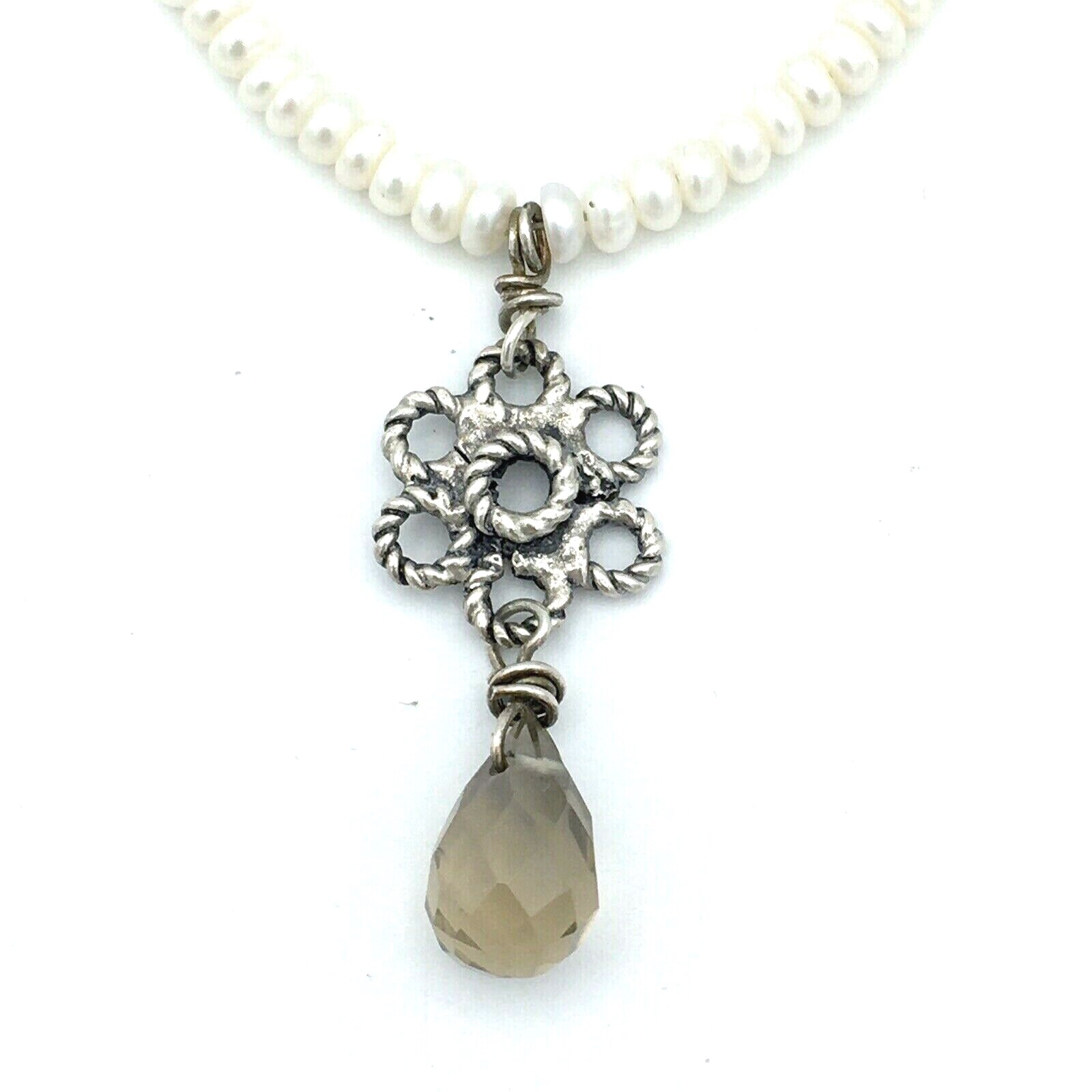QUARTZ PRISM necklace – cultured pearl beads sterling silver flower pendant 20″